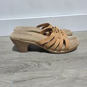 Strictly Comfort Tan Leather Strappy Faux Wooden Platform Sandals Size 9